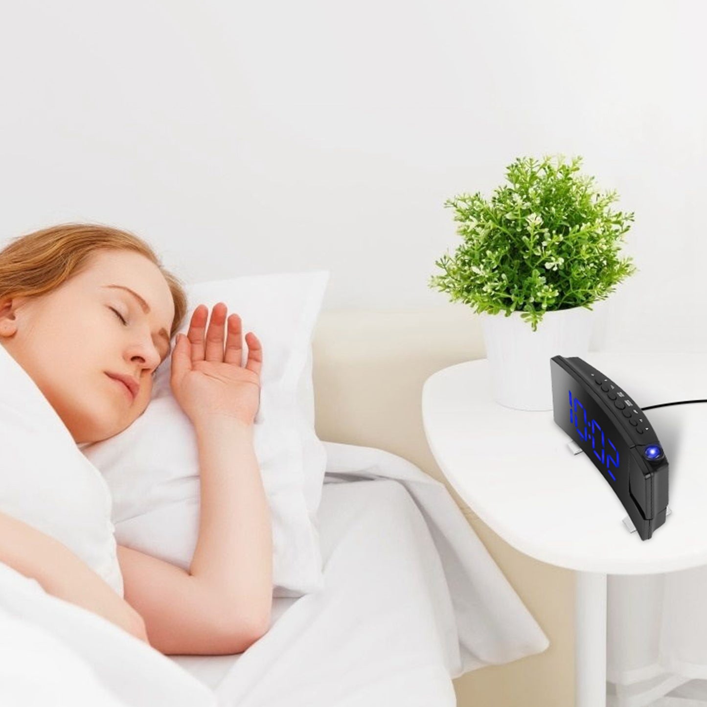 Projection Alarm Clock with Radio Function 7.7In Curved-Screen LED Digital Alarm Clock w/ Dual Alarms 4 Dimmer 12/24 Hour Blue