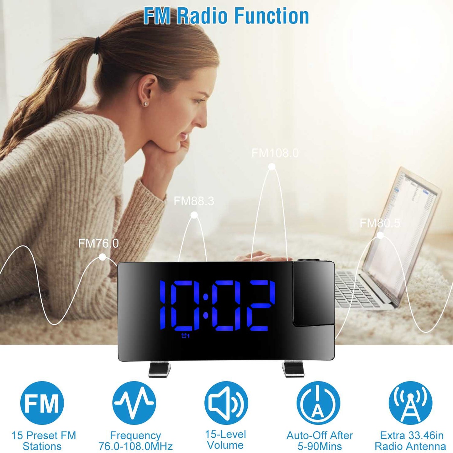 Projection Alarm Clock with Radio Function 7.7In Curved-Screen LED Digital Alarm Clock w/ Dual Alarms 4 Dimmer 12/24 Hour Blue