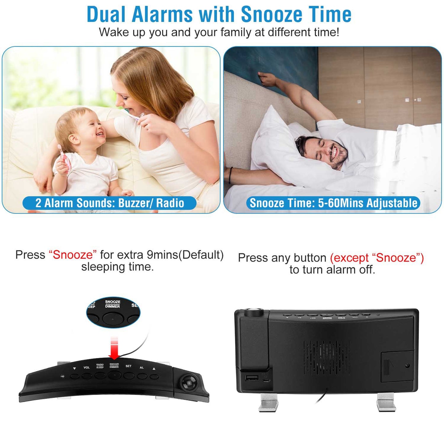 Projection Alarm Clock with Radio Function 7.7In Curved-Screen LED Digital Alarm Clock w/ Dual Alarms 4 Dimmer 12/24 Hour Blue