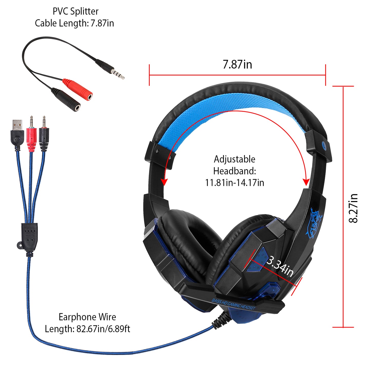 Gaming Headsets Stereo Bass Over Ear Headphones w/LED Light Earmuff w/ Mic 3.5mm Plug USB 6.89FT Cord Fit For PS5/PS4/PS4 Pro/Slim/PSP