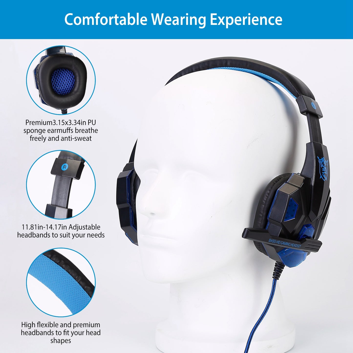Gaming Headsets Stereo Bass Over Ear Headphones w/LED Light Earmuff w/ Mic 3.5mm Plug USB 6.89FT Cord Fit For PS5/PS4/PS4 Pro/Slim/PSP