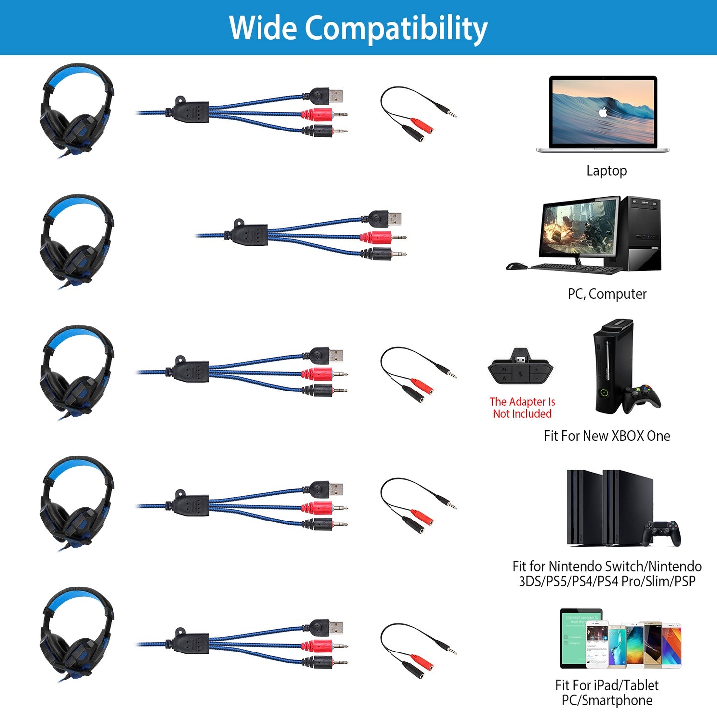 Gaming Headsets Stereo Bass Over Ear Headphones w/LED Light Earmuff w/ Mic 3.5mm Plug USB 6.89FT Cord Fit For PS5/PS4/PS4 Pro/Slim/PSP