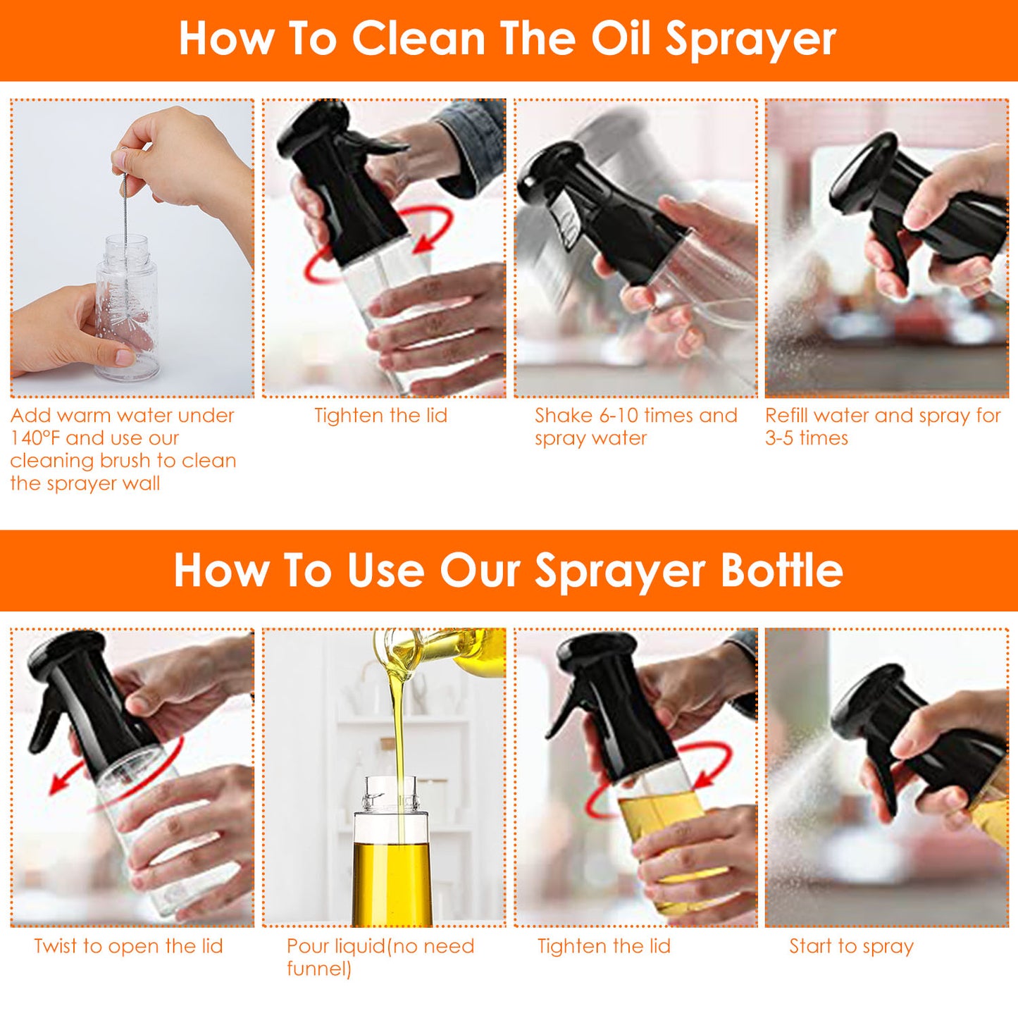 Olive Oil Sprayer 2Pcs 210ML 7.1OZ Reusable Oil Dispenser Mister Refillable Glass Vinegar Bottle w/ Blaster Cleaning Brush For Cooking BBQ