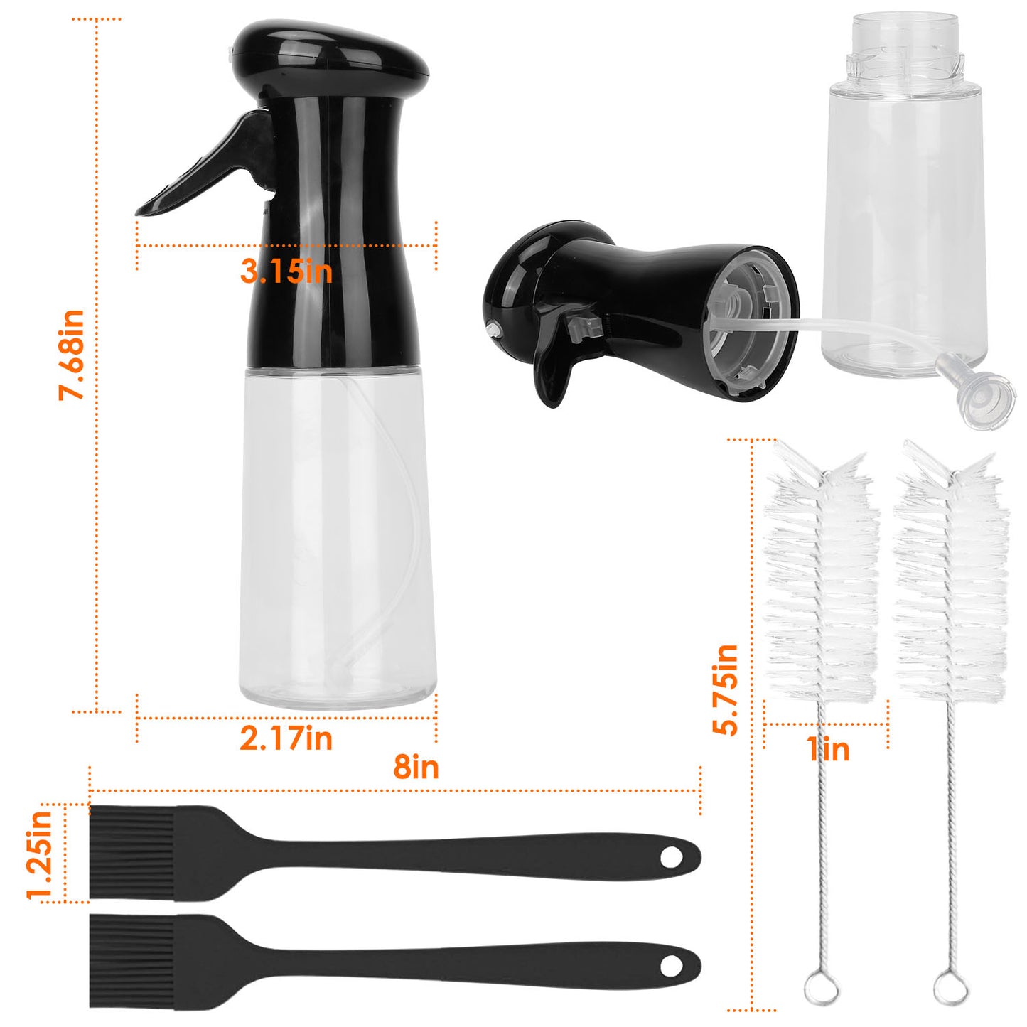 Olive Oil Sprayer 2Pcs 210ML 7.1OZ Reusable Oil Dispenser Mister Refillable Glass Vinegar Bottle w/ Blaster Cleaning Brush For Cooking BBQ