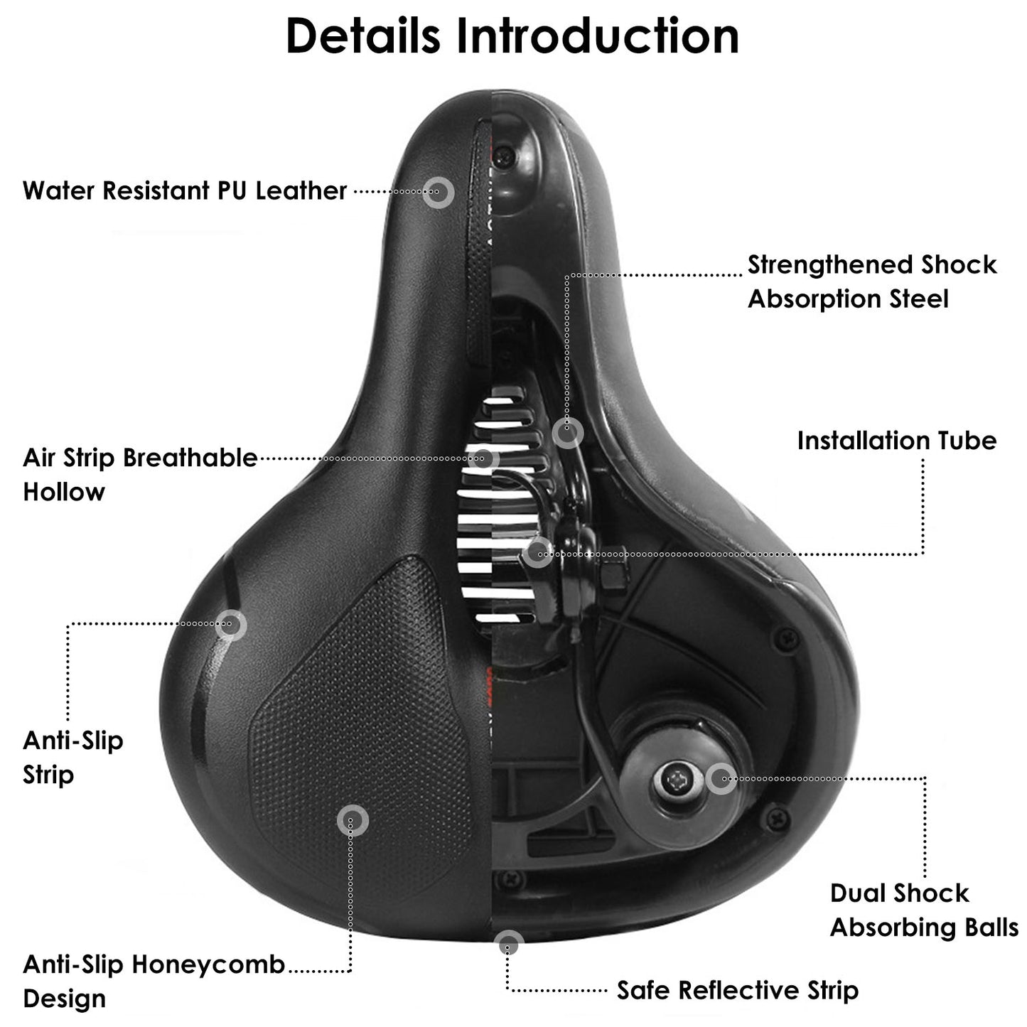 Comfortable Bike Seat Water Resistant MTB Bicycle Padded Saddle Replacement Wide Bicycle Saddle w/ Hollow Design Reflective Stripe