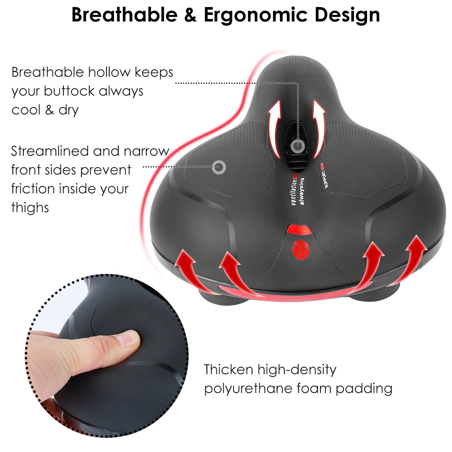 Comfortable Bike Seat Water Resistant MTB Bicycle Padded Saddle Replacement Wide Bicycle Saddle w/ Hollow Design Reflective Stripe