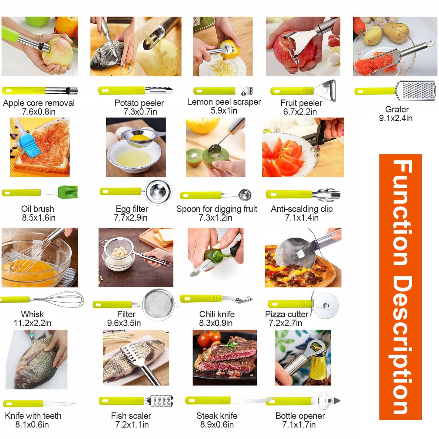34 Pcs Kitchen Cooking Utensils Set Stainless Steel Kitchen Gadget Tools Core Removal Potato Peeler Whisk Pizza Cutter Steak Knife