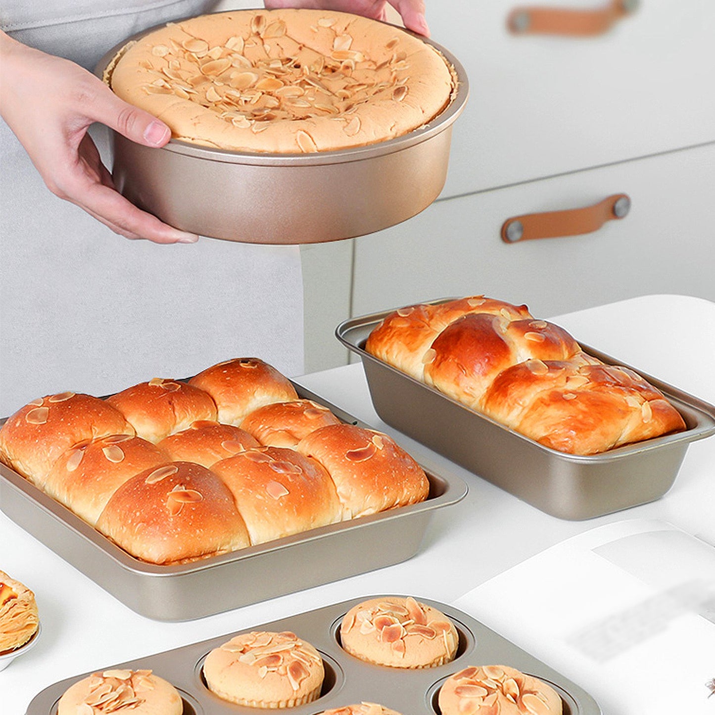 5Pcs Nonstick Bakeware Set Baking Tray Ovenware Sheet Kit w/ 6-Cup Muffin Pan Square Pan Loaf Pan Pizza Pan Live Bottom Round Cake Pan