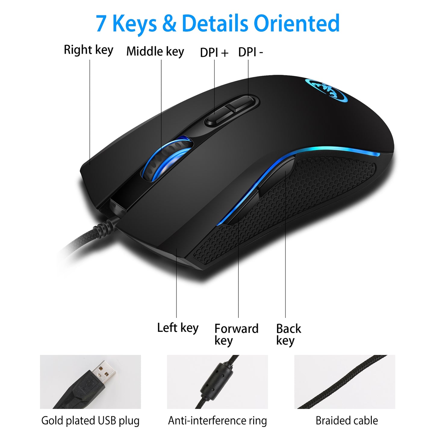 Wired Gaming Mouse 7 Keys Ergonomic Optical Mouse with 7 Changeable Colors 4 Adjustable DPI Levels up to 3200 for Computer Laptop