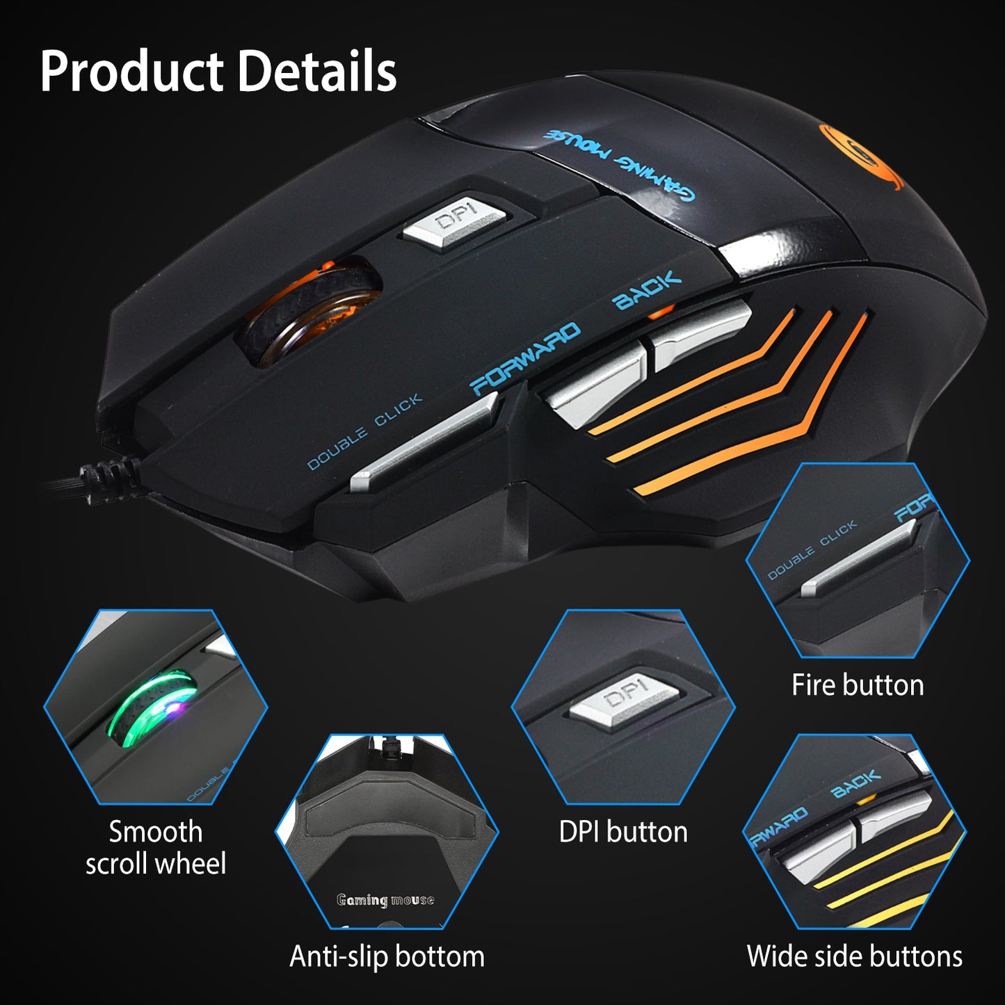 Wired Gaming Mouse 7 Keys Ergonomic Optical Mouse w/ 7 Changeable Colors 5 Adjustable DPI Levels up to 5500 for Computer Laptop