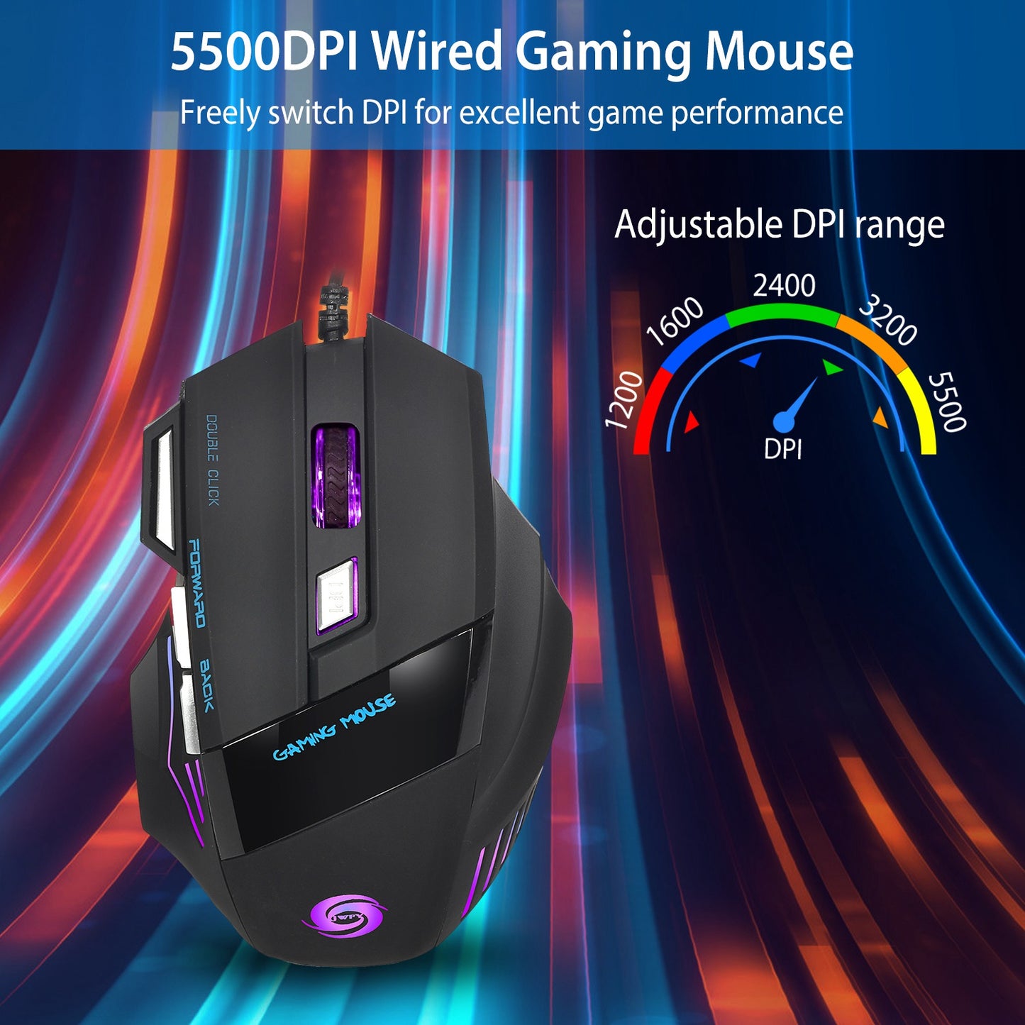 Wired Gaming Mouse 7 Keys Ergonomic Optical Mouse w/ 7 Changeable Colors 5 Adjustable DPI Levels up to 5500 for Computer Laptop