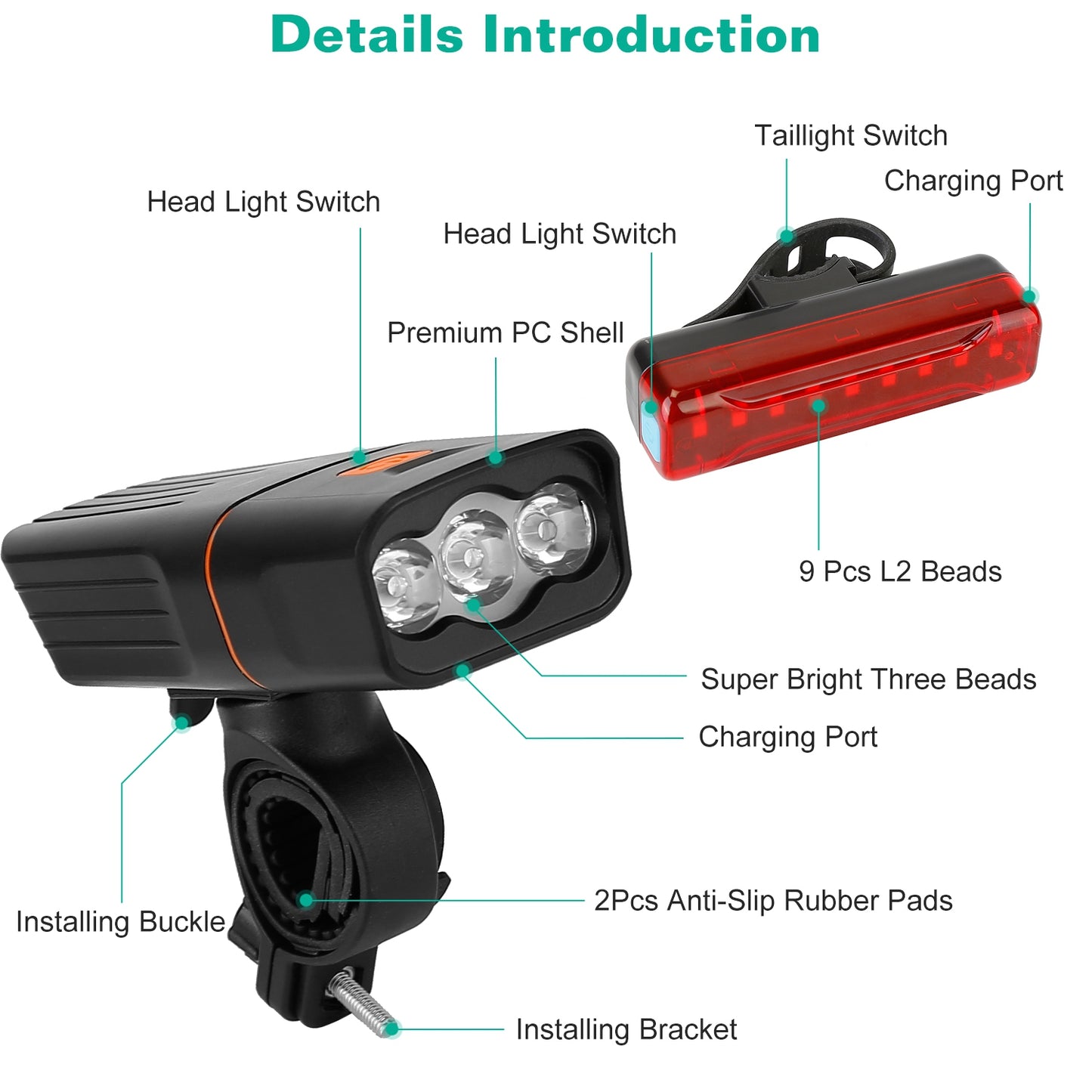 Super Bright Bike Light Set USB Rechargeable Headlight Taillight Set Waterproof LED Bicycle Front and Rear Lights for Night Riding Cycling