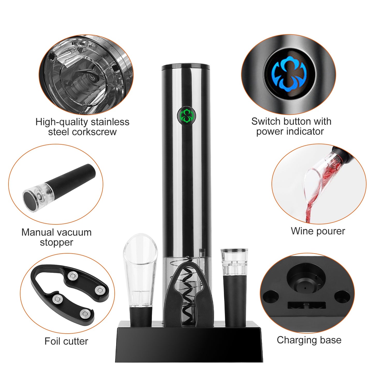 4 in 1 Electric Wine Opener Set Automatic Corkscrew Cordless Rechargeable Wine Opener w/ Pourer Foil Cutter Vacuum Stopper