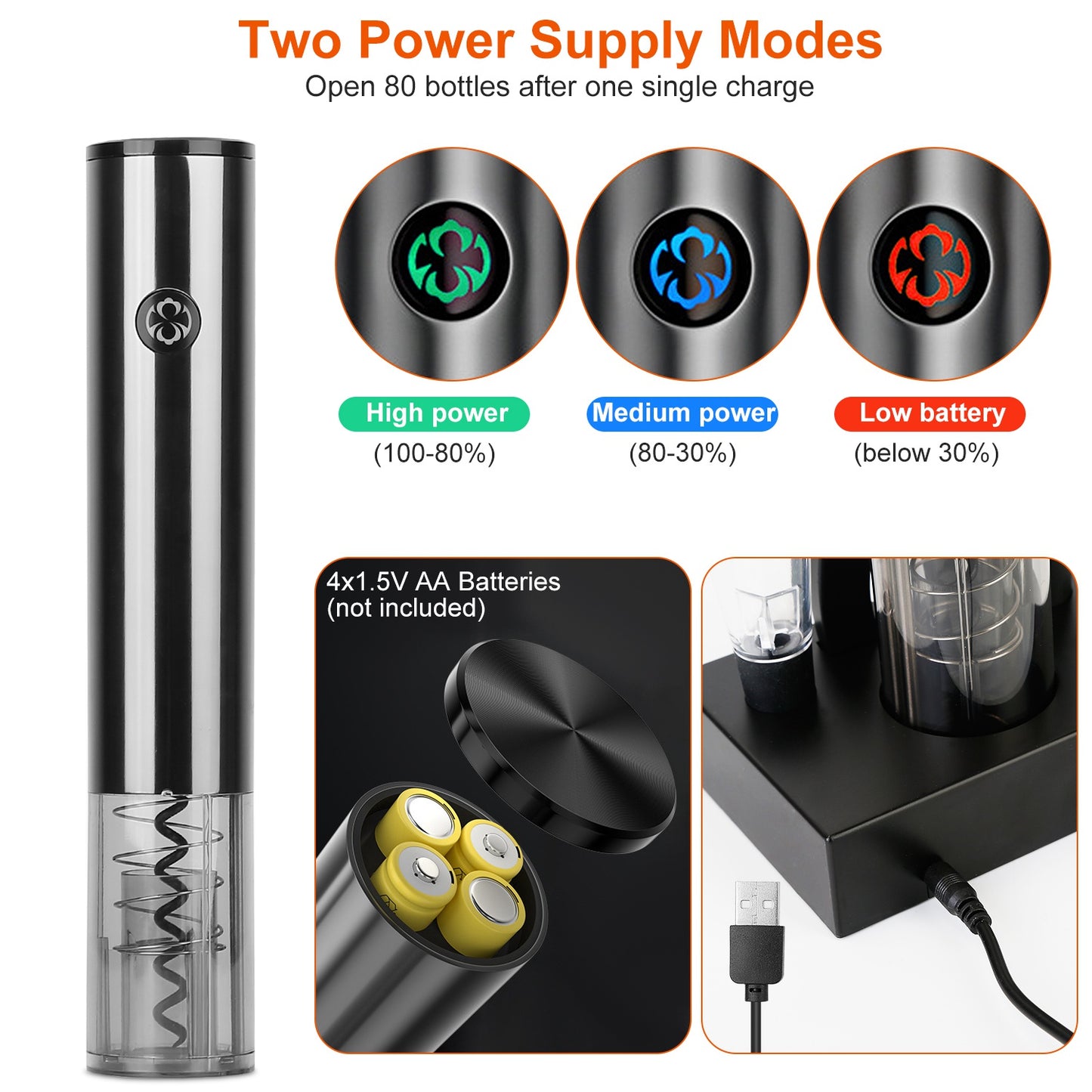 4 in 1 Electric Wine Opener Set Automatic Corkscrew Cordless Rechargeable Wine Opener w/ Pourer Foil Cutter Vacuum Stopper
