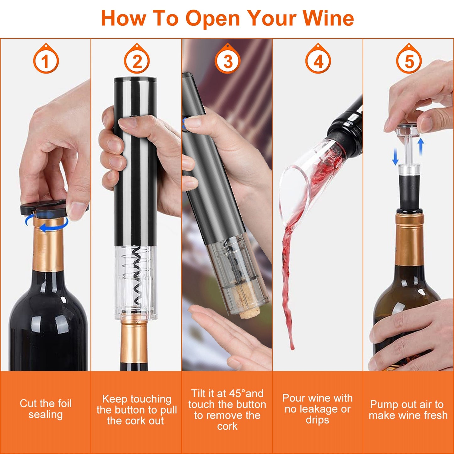 4 in 1 Electric Wine Opener Set Automatic Corkscrew Cordless Rechargeable Wine Opener w/ Pourer Foil Cutter Vacuum Stopper