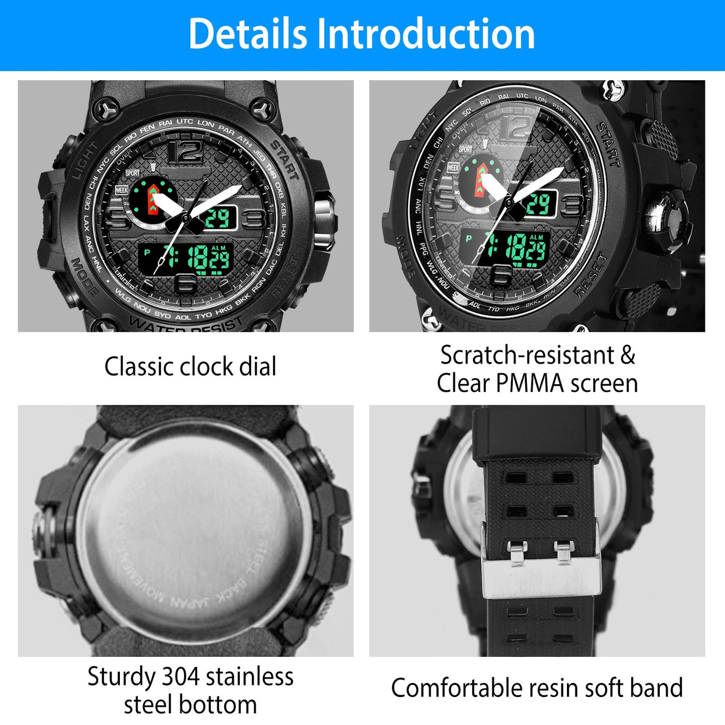 Men's Sports Watch Water-Resistant Military Wrist Watch Digital Analog Watch w/ Quartz Electronic Movement LED Backlight Date Alarm