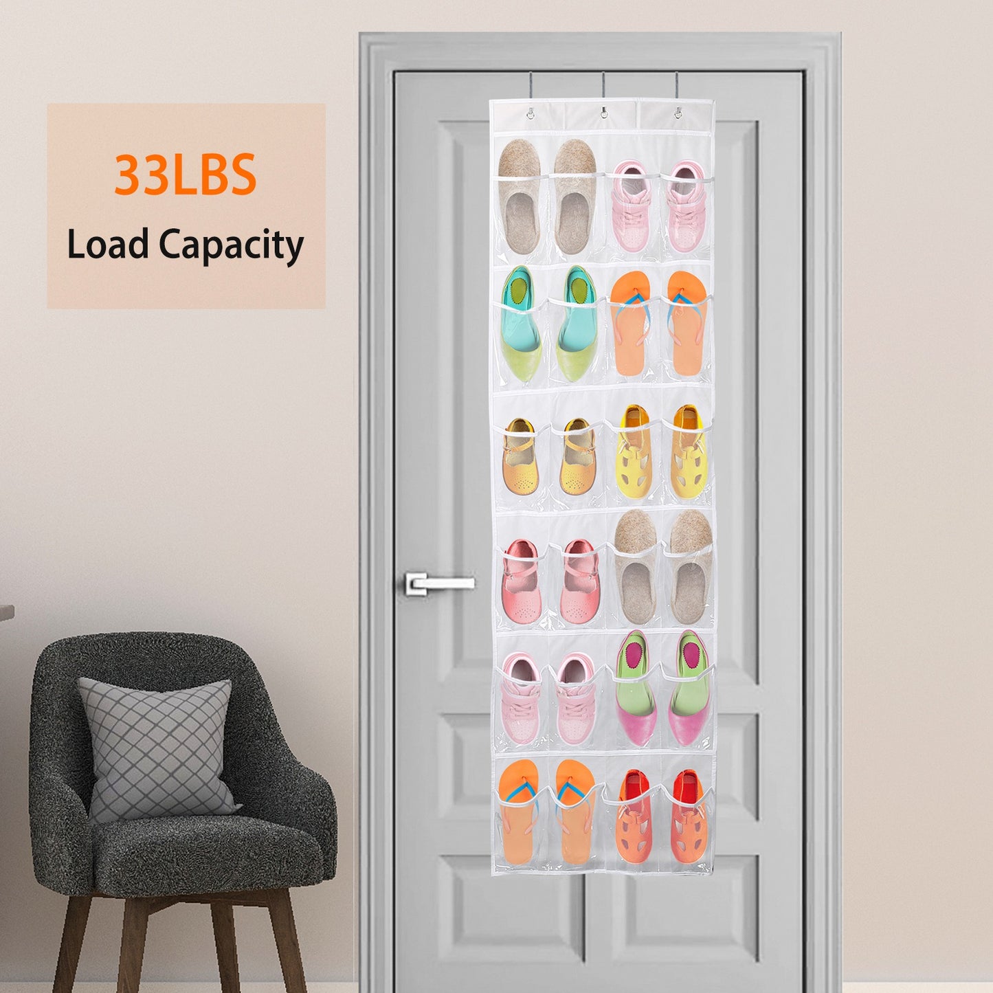 Over the Door Shoes Rack 24-Pocket Crystal Clear Organizer 6-Layer Hanging Storage Shelf for Shoes Slippers Small Toys Closet Cabinet