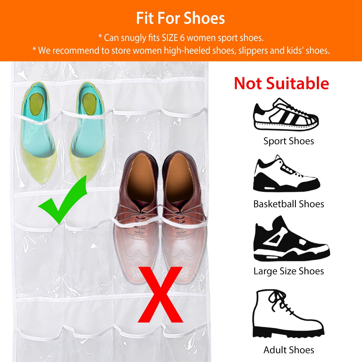 Over the Door Shoes Rack 24-Pocket Crystal Clear Organizer 6-Layer Hanging Storage Shelf for Shoes Slippers Small Toys Closet Cabinet