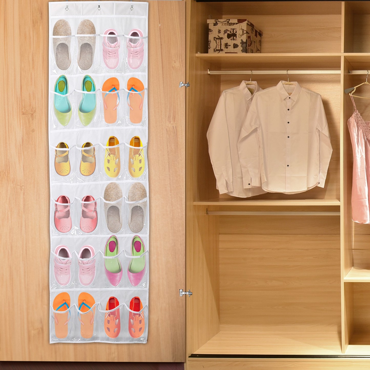Over the Door Shoes Rack 24-Pocket Crystal Clear Organizer 6-Layer Hanging Storage Shelf for Shoes Slippers Small Toys Closet Cabinet