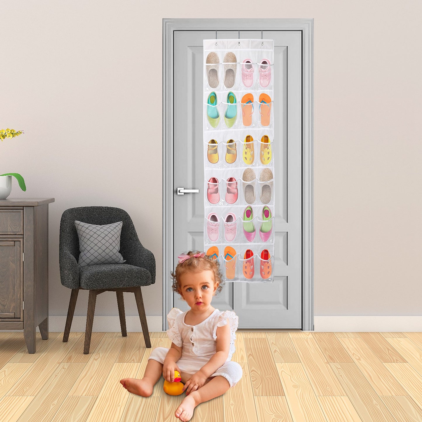 Over the Door Shoes Rack 24-Pocket Crystal Clear Organizer 6-Layer Hanging Storage Shelf for Shoes Slippers Small Toys Closet Cabinet