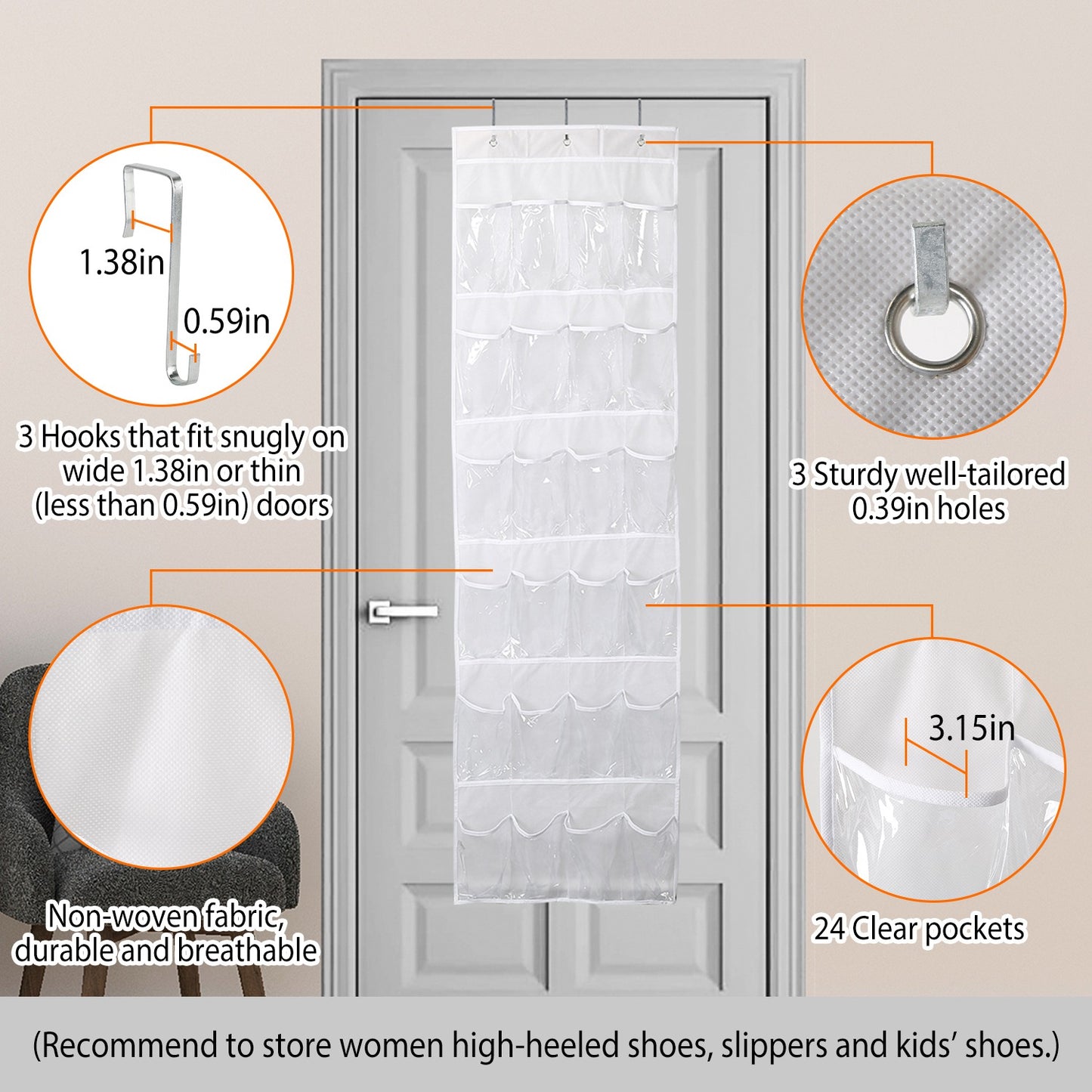 Over the Door Shoes Rack 24-Pocket Crystal Clear Organizer 6-Layer Hanging Storage Shelf for Shoes Slippers Small Toys Closet Cabinet