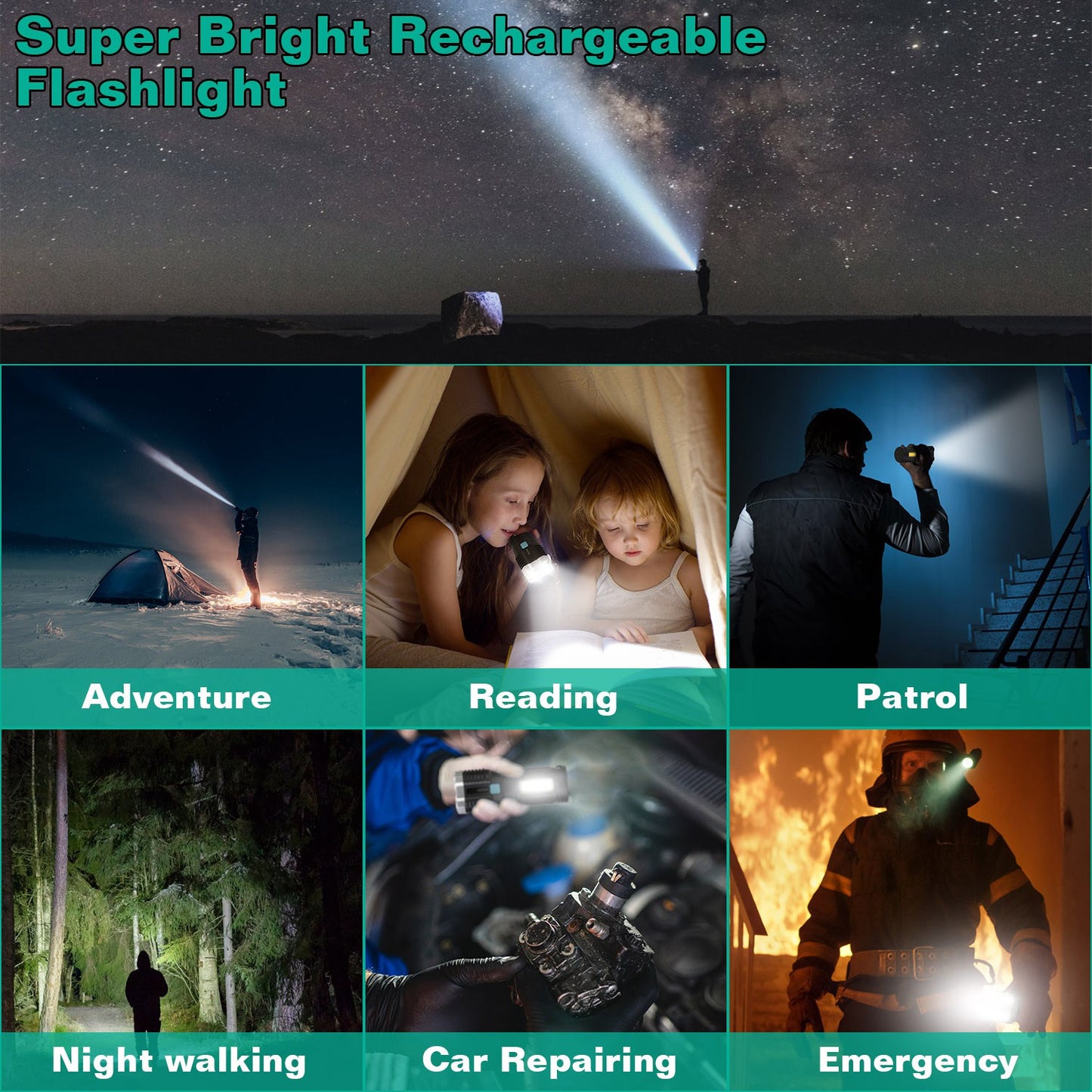 Rechargeable Flashlight LED Floodlight Torch w/Strap Super Bright Flashlight w/4 Light Modes for Emergency Camping