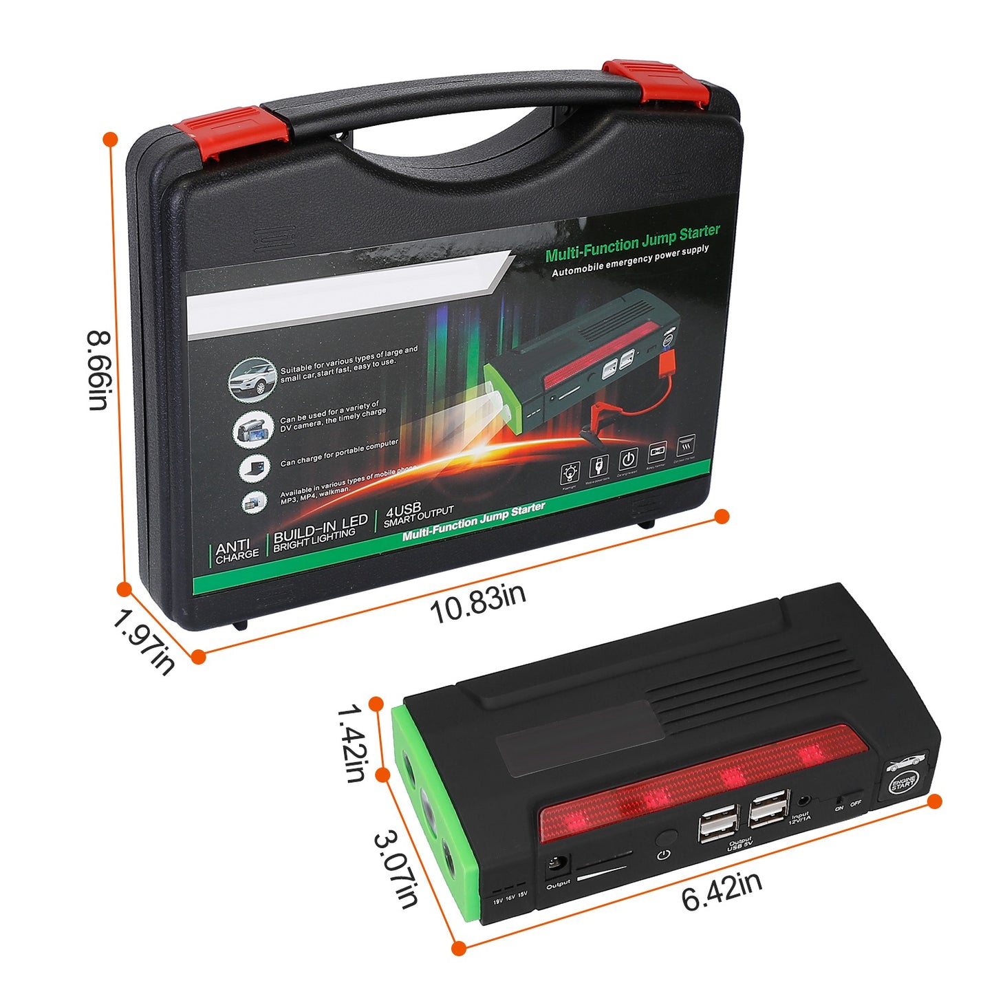 Car Jump Starter Booster 600A Peak 18000mAh Battery Charger Power Bank w/ 4 Modes LED Flashlight for Up to 6.0L Gas or 2.0L Diesel Engine