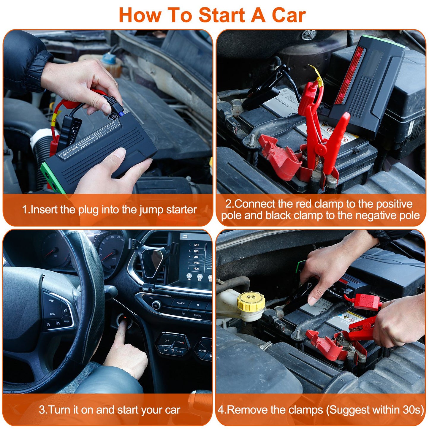 Car Jump Starter Booster 600A Peak 18000mAh Battery Charger Power Bank w/ 4 Modes LED Flashlight for Up to 6.0L Gas or 2.0L Diesel Engine