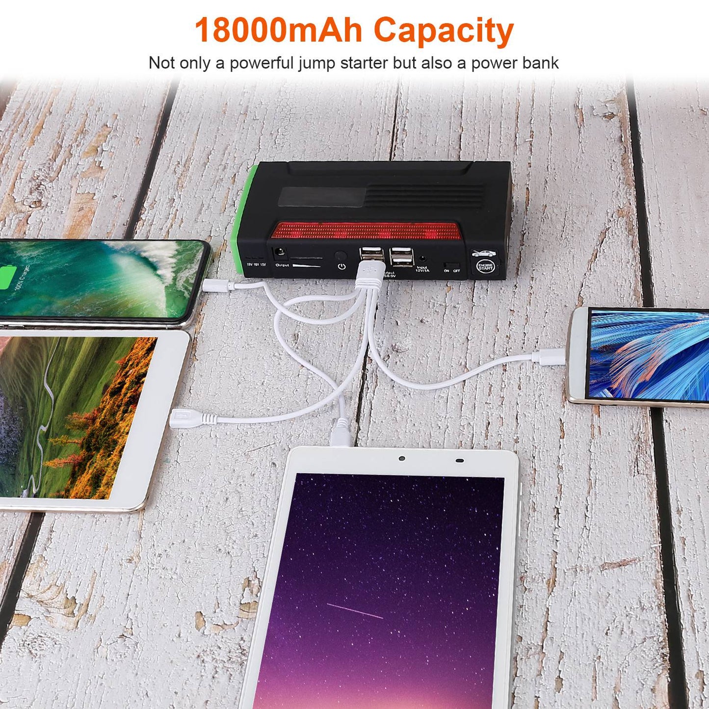 Car Jump Starter Booster 600A Peak 18000mAh Battery Charger Power Bank w/ 4 Modes LED Flashlight for Up to 6.0L Gas or 2.0L Diesel Engine