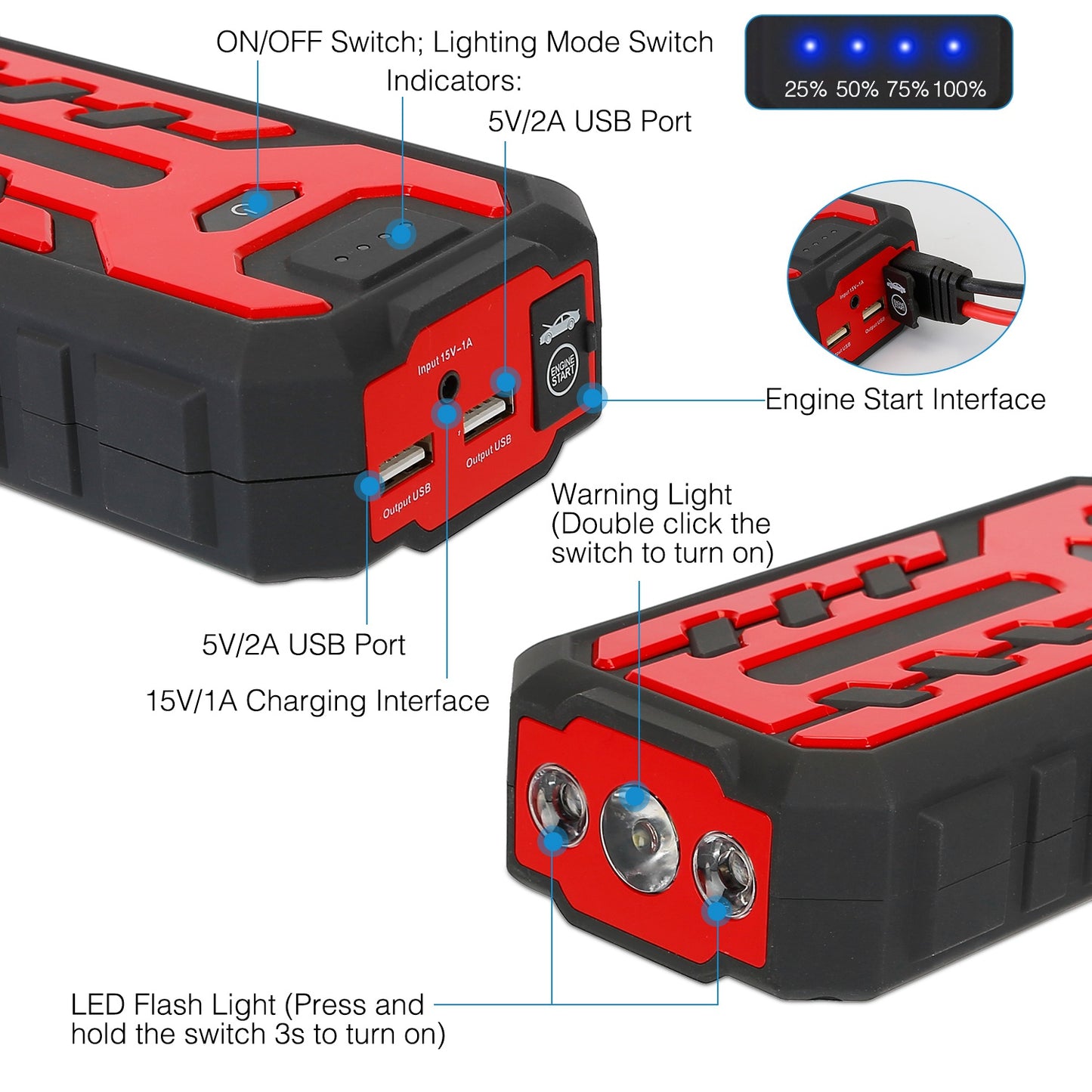 Car Jump Starter Booster 800A Peak 28000mAh Battery Charger Power Bank w/ 4 Modes LED Flashlight for Up to 6.0L Gas or 4.0L Diesel Engine