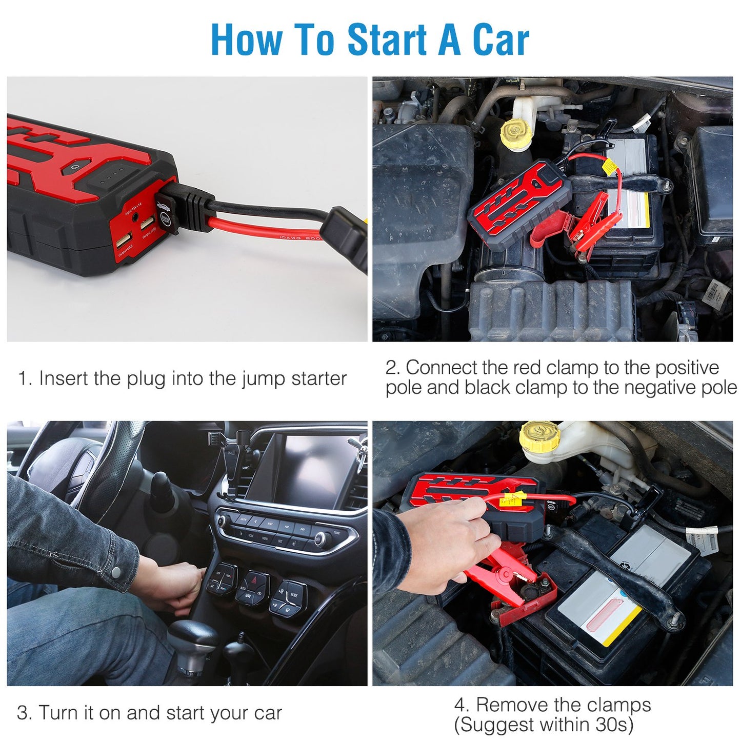 Car Jump Starter Booster 800A Peak 28000mAh Battery Charger Power Bank w/ 4 Modes LED Flashlight for Up to 6.0L Gas or 4.0L Diesel Engine