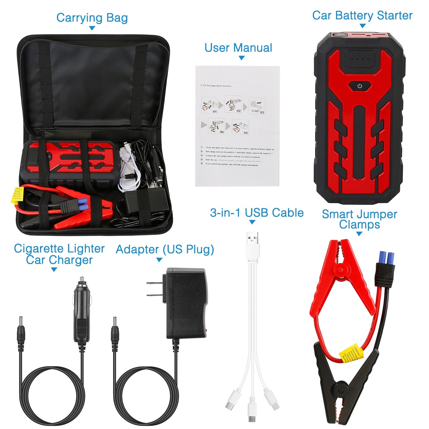 Car Jump Starter Booster 800A Peak 28000mAh Battery Charger Power Bank w/ 4 Modes LED Flashlight for Up to 6.0L Gas or 4.0L Diesel Engine