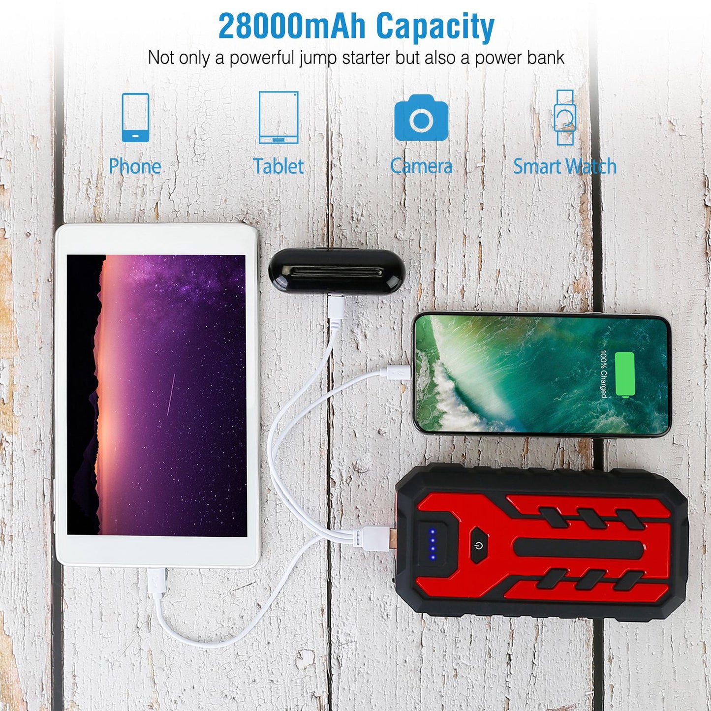 Car Jump Starter Booster 800A Peak 28000mAh Battery Charger Power Bank w/ 4 Modes LED Flashlight for Up to 6.0L Gas or 4.0L Diesel Engine
