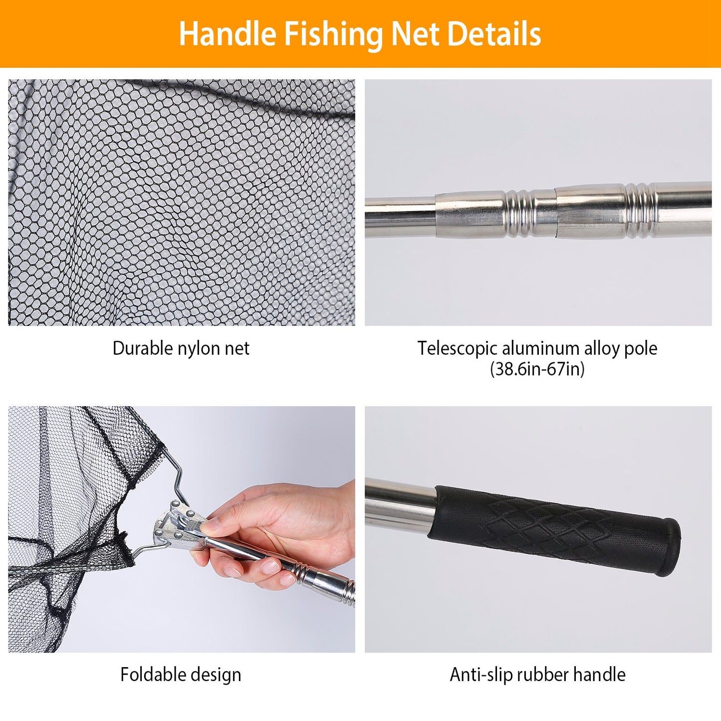 Foldable Fish Landing Net Collapsible Handle Fishing Net with 38.6in-67in Aluminum Alloy Telescopic Pole for Kayak Fly Catfish Bass Crab