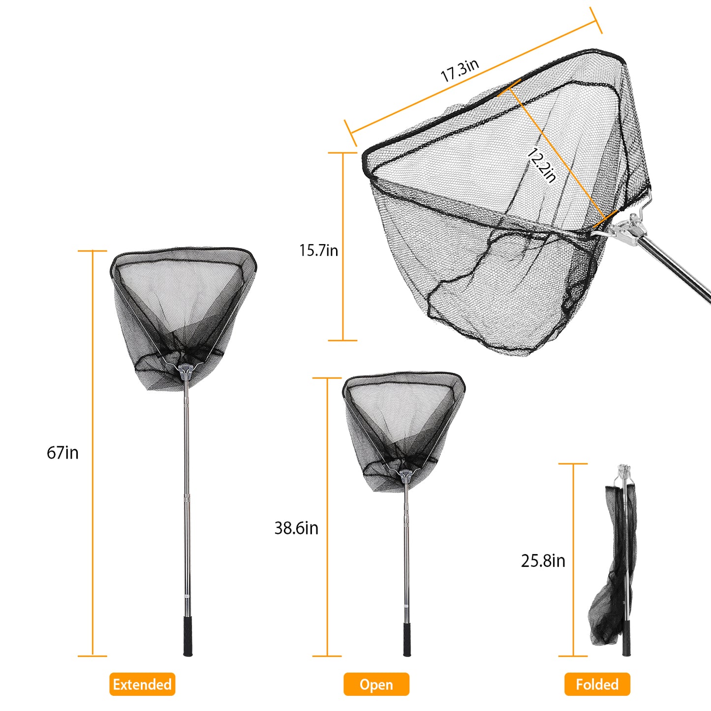 Foldable Fish Landing Net Collapsible Handle Fishing Net with 38.6in-67in Aluminum Alloy Telescopic Pole for Kayak Fly Catfish Bass Crab