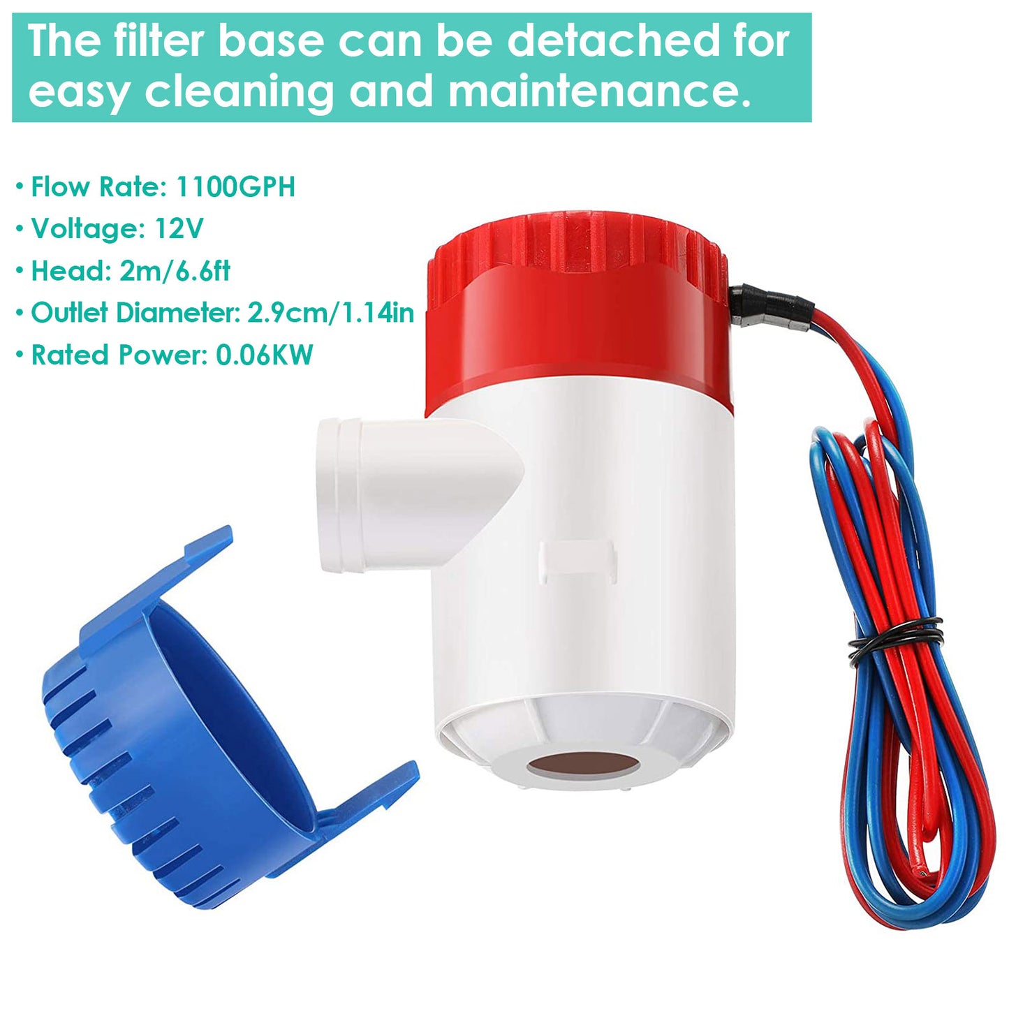 Bilge Pump For Boats 12V 1100GPH Submersible Marine Boat Bilge Non-Automatic Electric Water Pump For Ponds Pools Spas Silent Boat Caravan RV