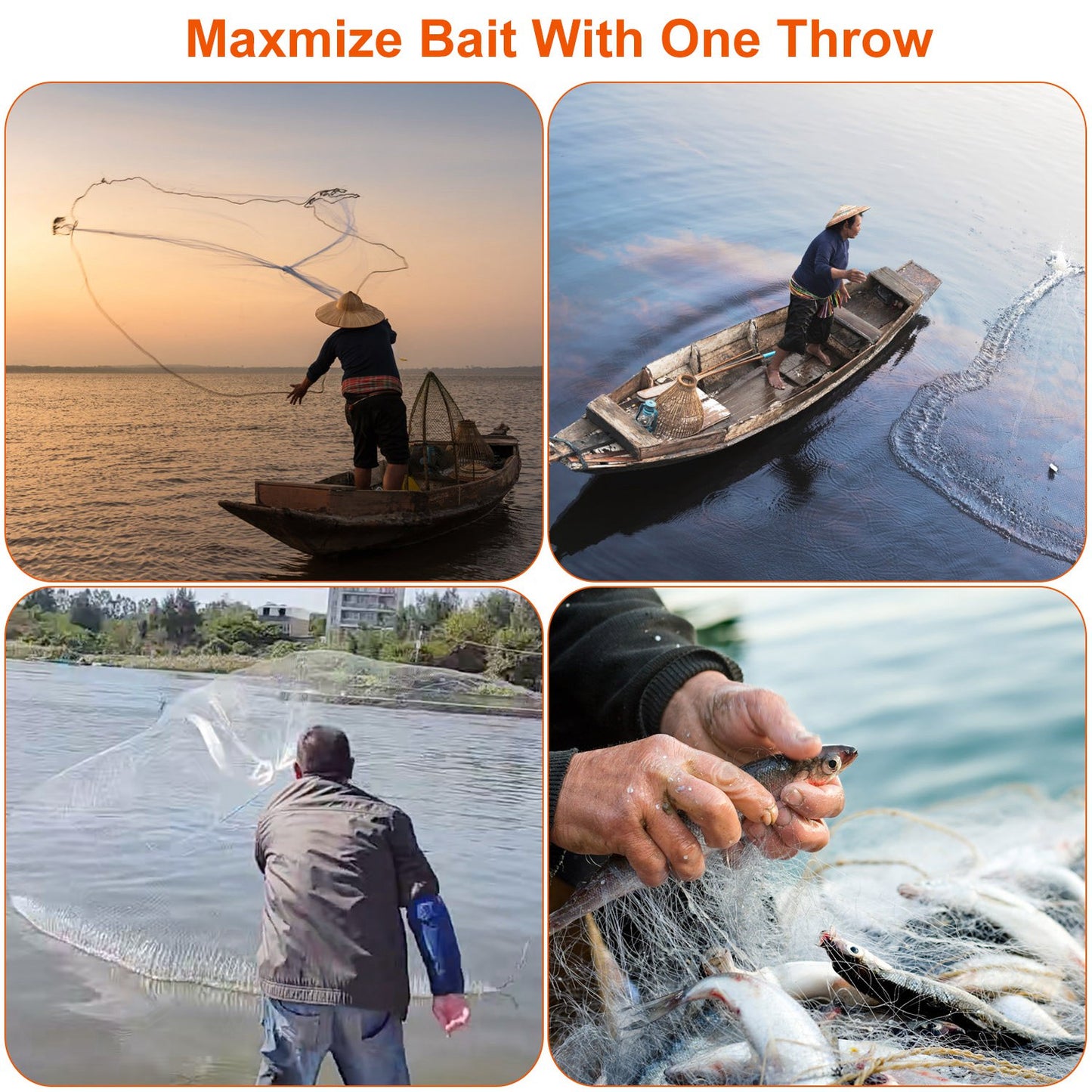 8ft Radius Fishing Cast Net Bait Trap Easy Throw Heavy Duty Hand Cast Net with Chain Sinker Bottom Spread