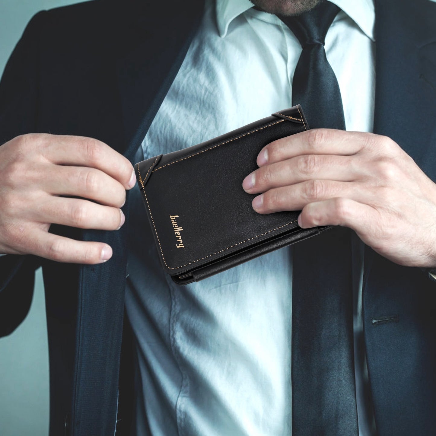 Men’s Leather Wallet ID Card Holder Purse Trifold Clutch Money Zipper with ID Window 14 Credit Card 1 ID Card