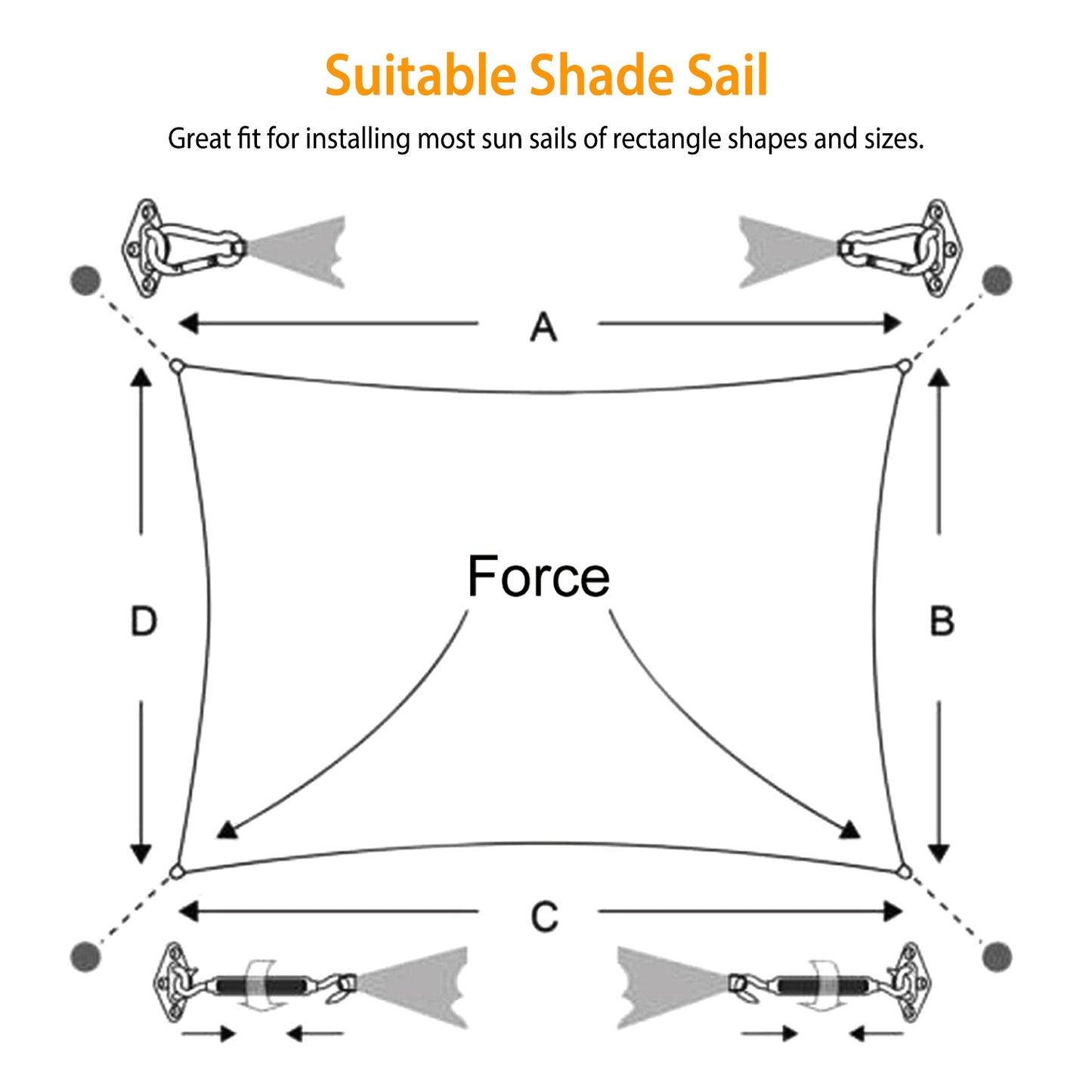 Sun Shade Sail Hardware Kit Stainless Steel Canopy Installation Kit Fixing Accessory for Rectangular Square Shade Sail Installation