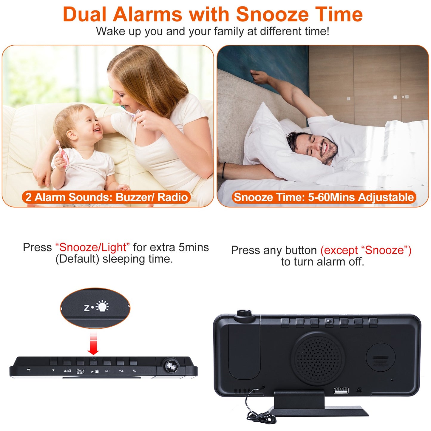 Projection Alarm Clock with Radio Function 7.5In Mirror LED Digital Alarm Clock w/ Dual Alarms 4 Dimmer 12/24 Hour USB Port