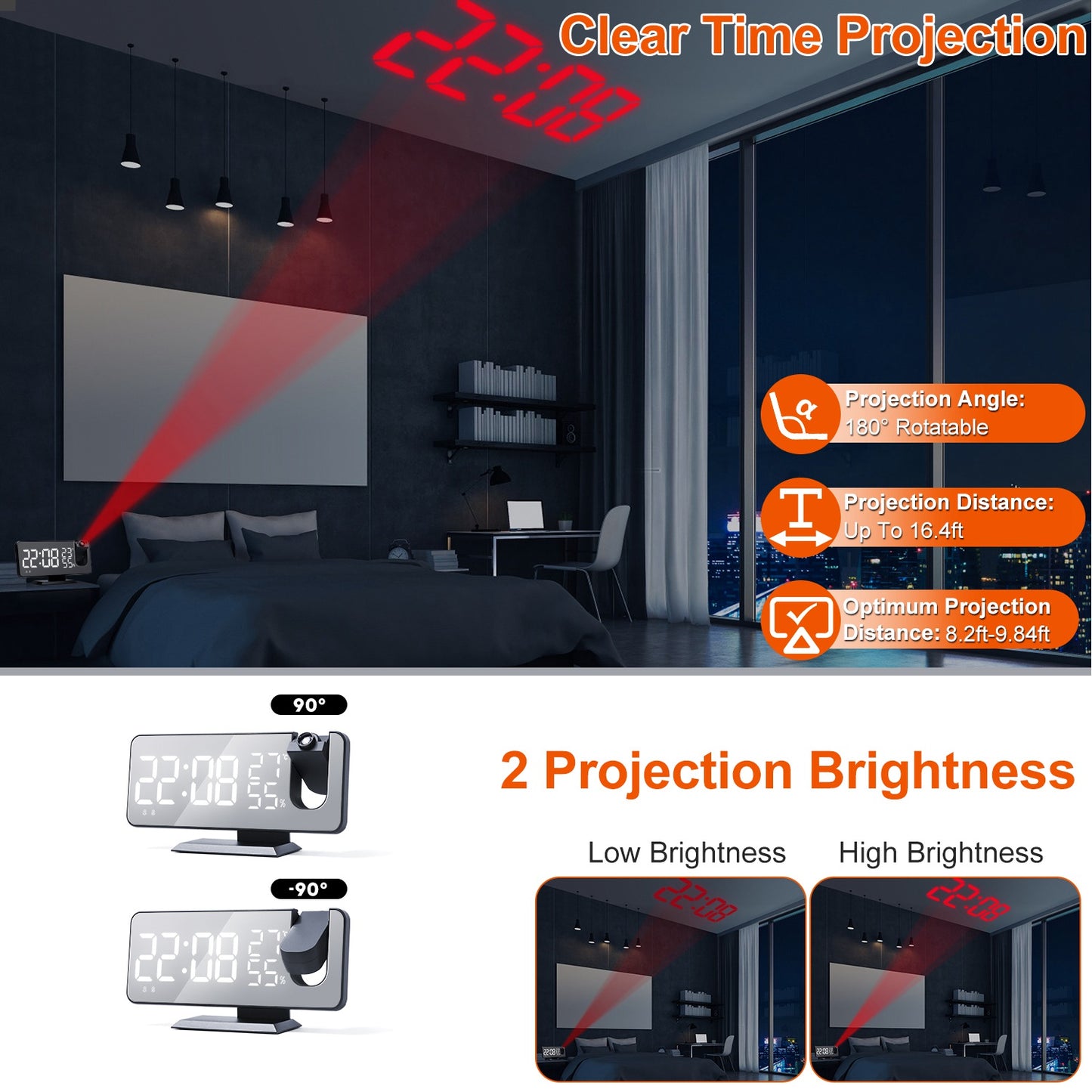 Projection Alarm Clock with Radio Function 7.5In Mirror LED Digital Alarm Clock w/ Dual Alarms 4 Dimmer 12/24 Hour USB Port