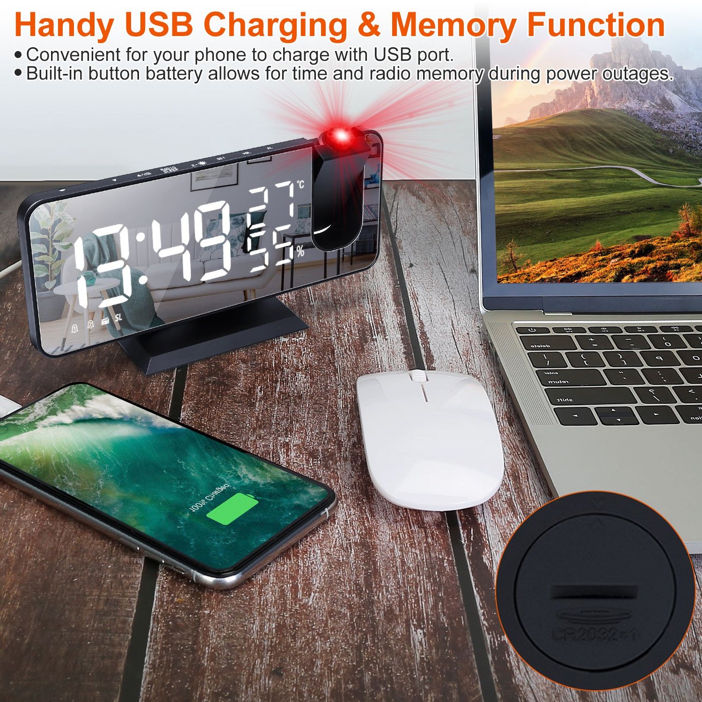 Projection Alarm Clock with Radio Function 7.5In Mirror LED Digital Alarm Clock w/ Dual Alarms 4 Dimmer 12/24 Hour USB Port