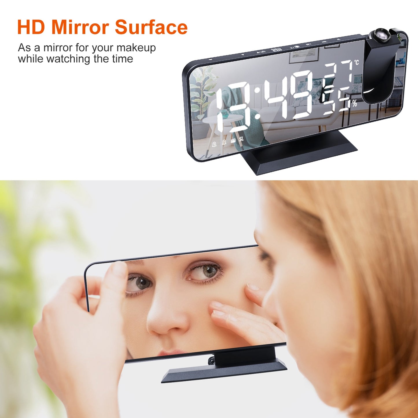 Projection Alarm Clock with Radio Function 7.5In Mirror LED Digital Alarm Clock w/ Dual Alarms 4 Dimmer 12/24 Hour USB Port