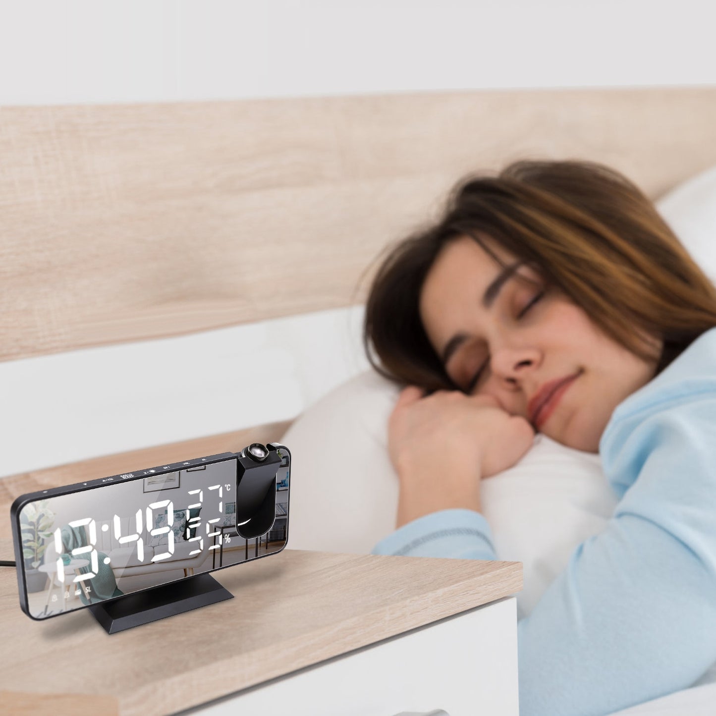 Projection Alarm Clock with Radio Function 7.5In Mirror LED Digital Alarm Clock w/ Dual Alarms 4 Dimmer 12/24 Hour USB Port