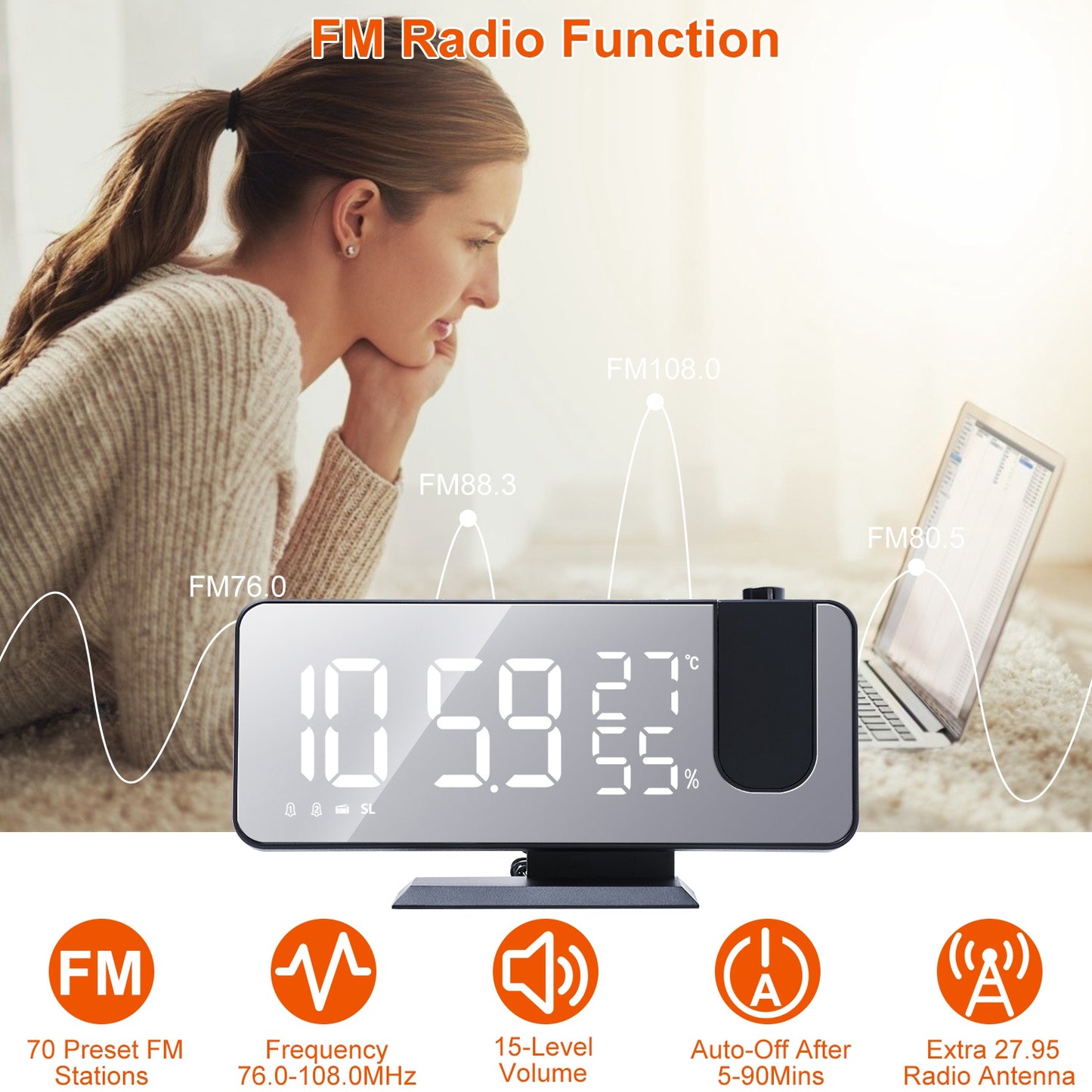 Projection Alarm Clock with Radio Function 7.5In Mirror LED Digital Alarm Clock w/ Dual Alarms 4 Dimmer 12/24 Hour USB Port