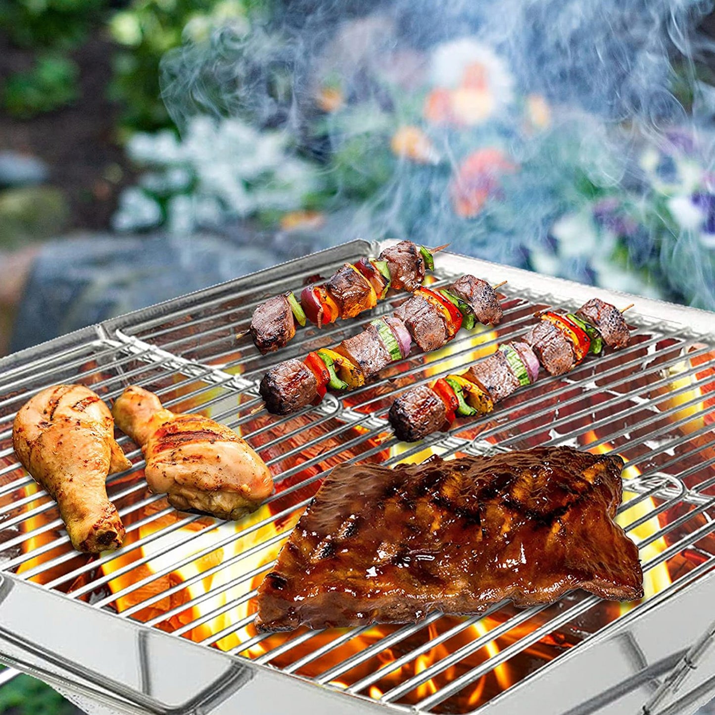 Foldable BBQ Grill Charcoal Barbecue Stove Portable Stainless Steel Campfire Stove Pit Wood Burner with Storage Bag for Camping Picnic
