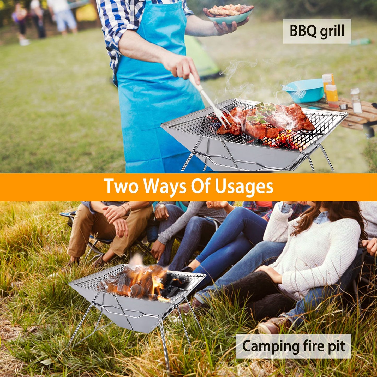 Foldable BBQ Grill Charcoal Barbecue Stove Portable Stainless Steel Campfire Stove Pit Wood Burner with Storage Bag for Camping Picnic