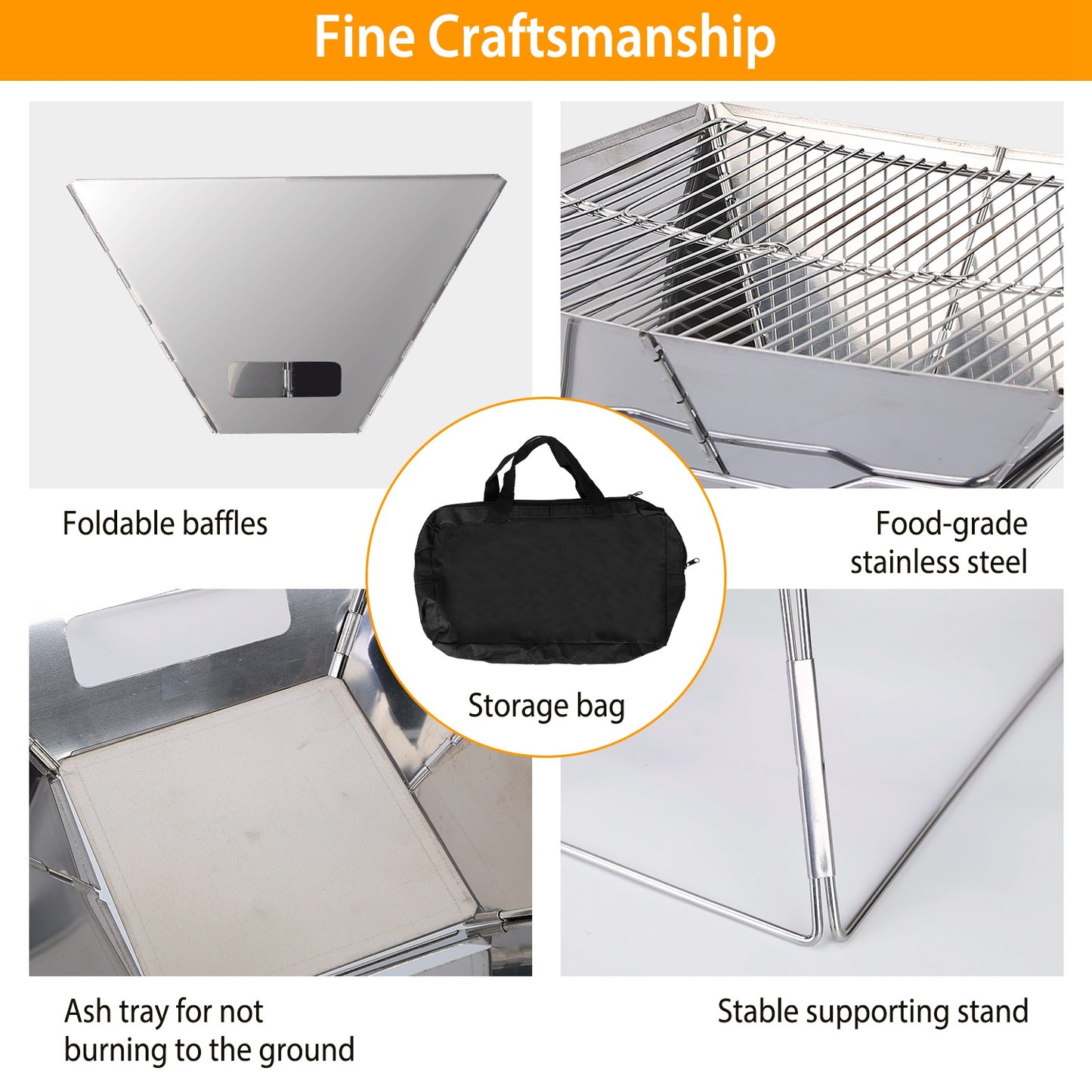 Foldable BBQ Grill Charcoal Barbecue Stove Portable Stainless Steel Campfire Stove Pit Wood Burner with Storage Bag for Camping Picnic