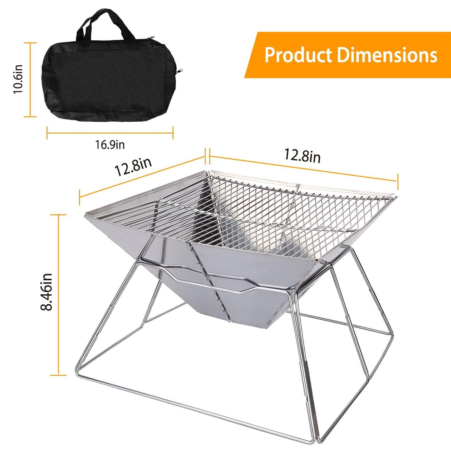 Foldable BBQ Grill Charcoal Barbecue Stove Portable Stainless Steel Campfire Stove Pit Wood Burner with Storage Bag for Camping Picnic