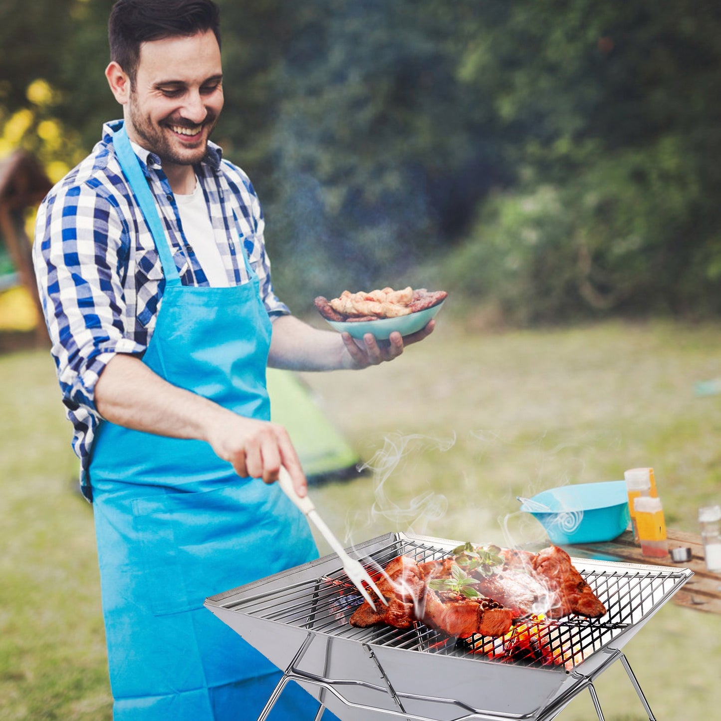 Foldable BBQ Grill Charcoal Barbecue Stove Portable Stainless Steel Campfire Stove Pit Wood Burner with Storage Bag for Camping Picnic